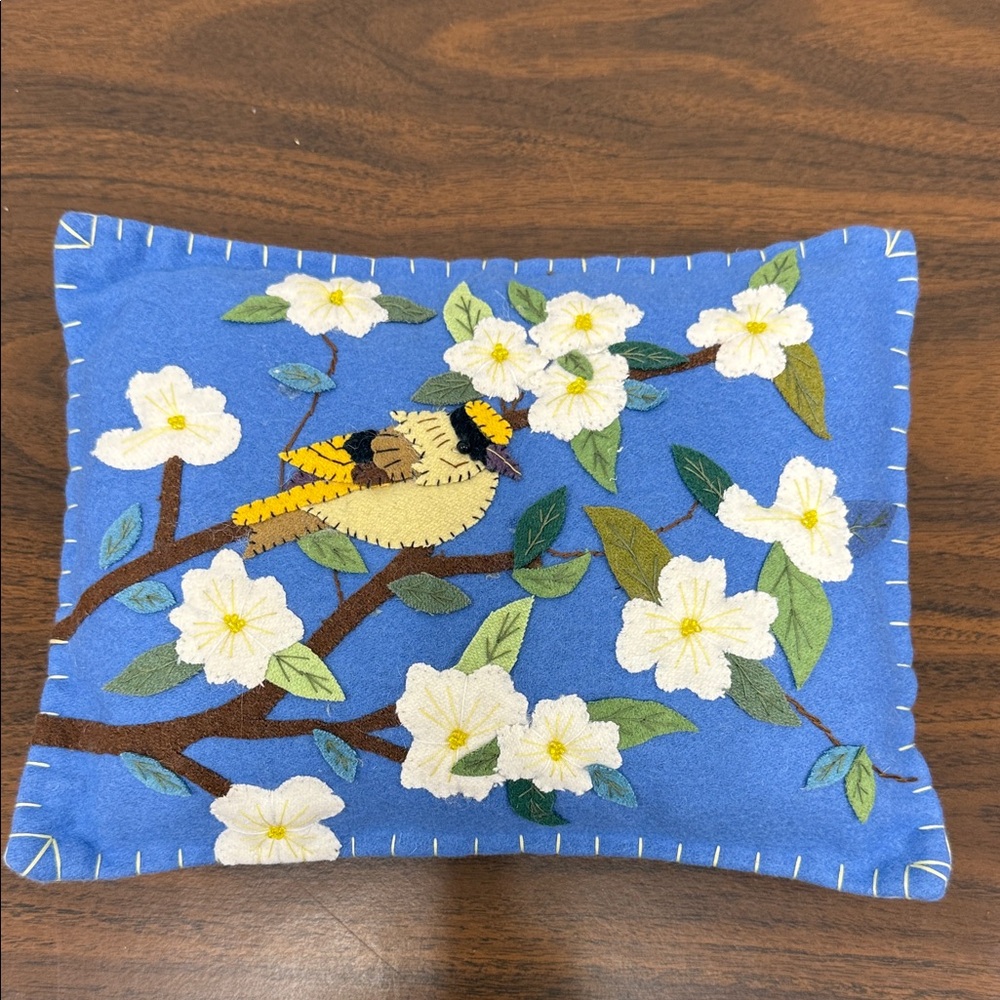 Blue Floral Bird Embroidered Pillow